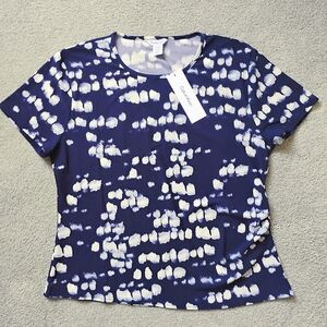 NWT XL Calvin Klein Navy Blue Batik Dot Short Sleeve Ruched Top NEW